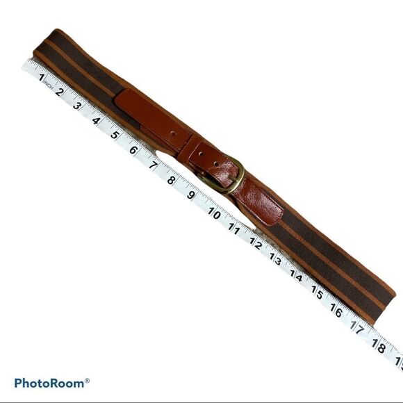 Vintage 70s green brown and rust colored Elastic belt w leather & brass buckle - Picture 5 of 5